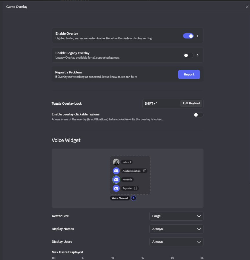 Настройки игрового оверлея Discord: новый оверлей включён, устаревший выключен